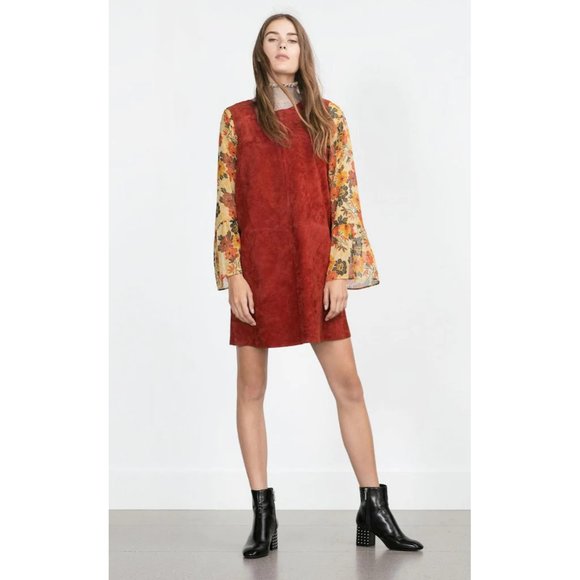 NWT Zara real leather brick red suede mini shift dress - Picture 1 of 8
